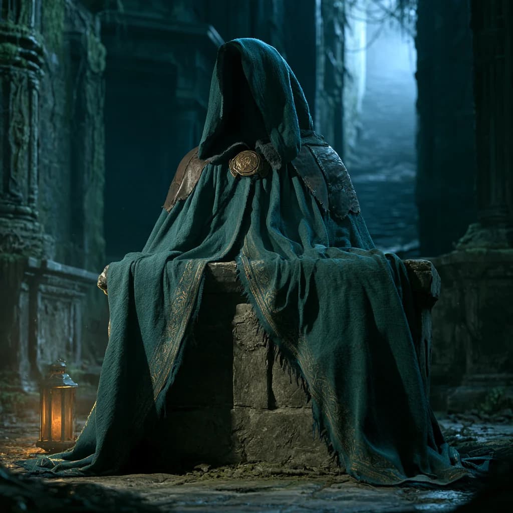 A rugged midnight teal explorer’s cloak draped across ancient stone beside a glowing lantern