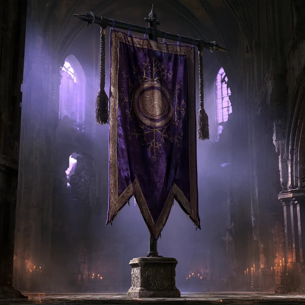 A midnight plum guild banner embroidered with a broken ring emblem on a forged iron standard