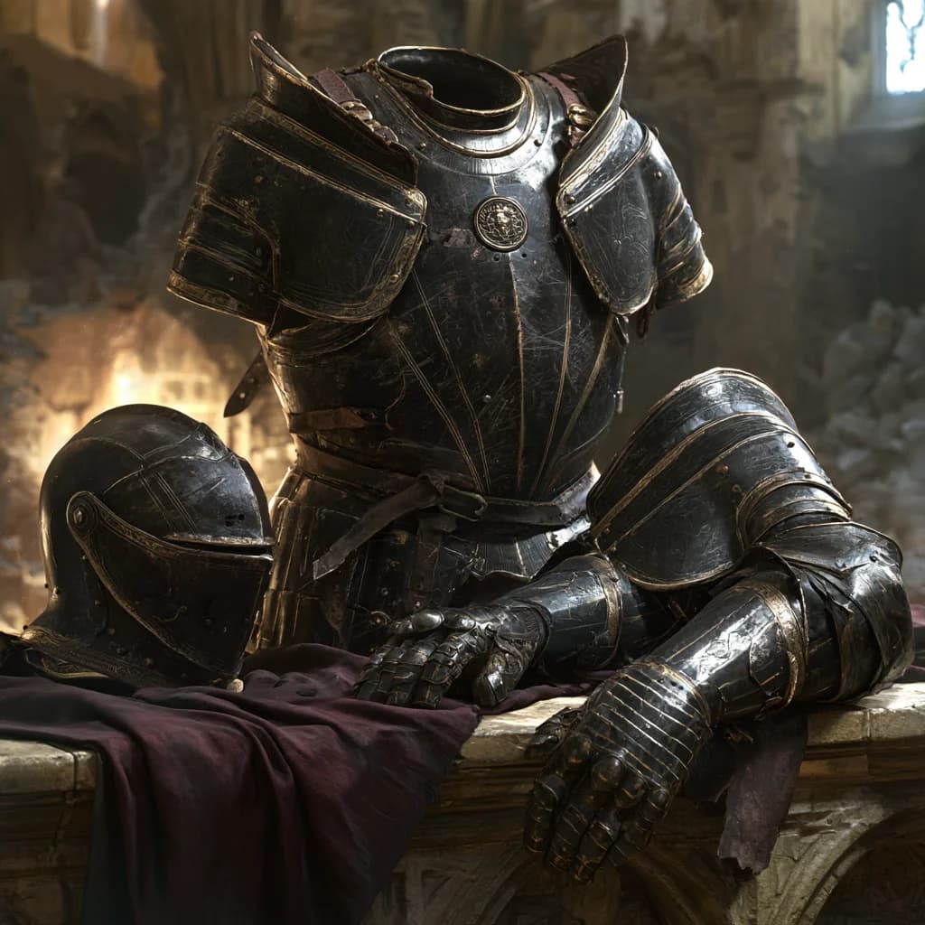 A dark steel greathelm, breastplate, and articulated gauntlets arranged on an oxblood cloth in a stone armory