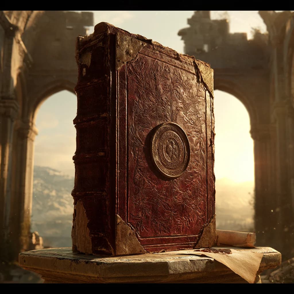 A weathered leather founder chronicle with a bronze medallion standing on stone in sunlit ruins