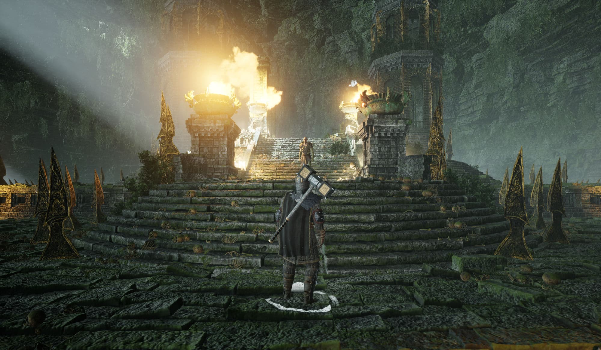 A warrior carrying a warhammer on torchlit ruined steps in a Loopborn alpha capture