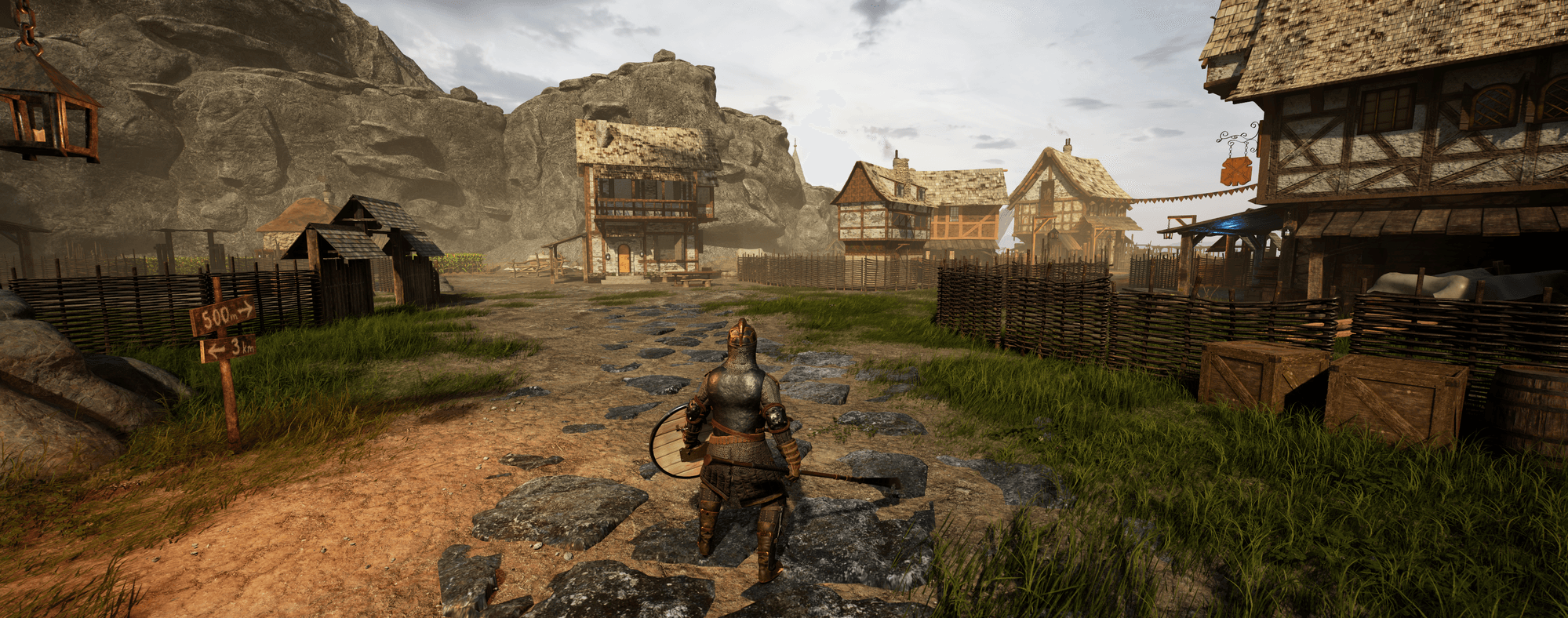 A knight entering a fortified frontier town in a Loopborn alpha capture